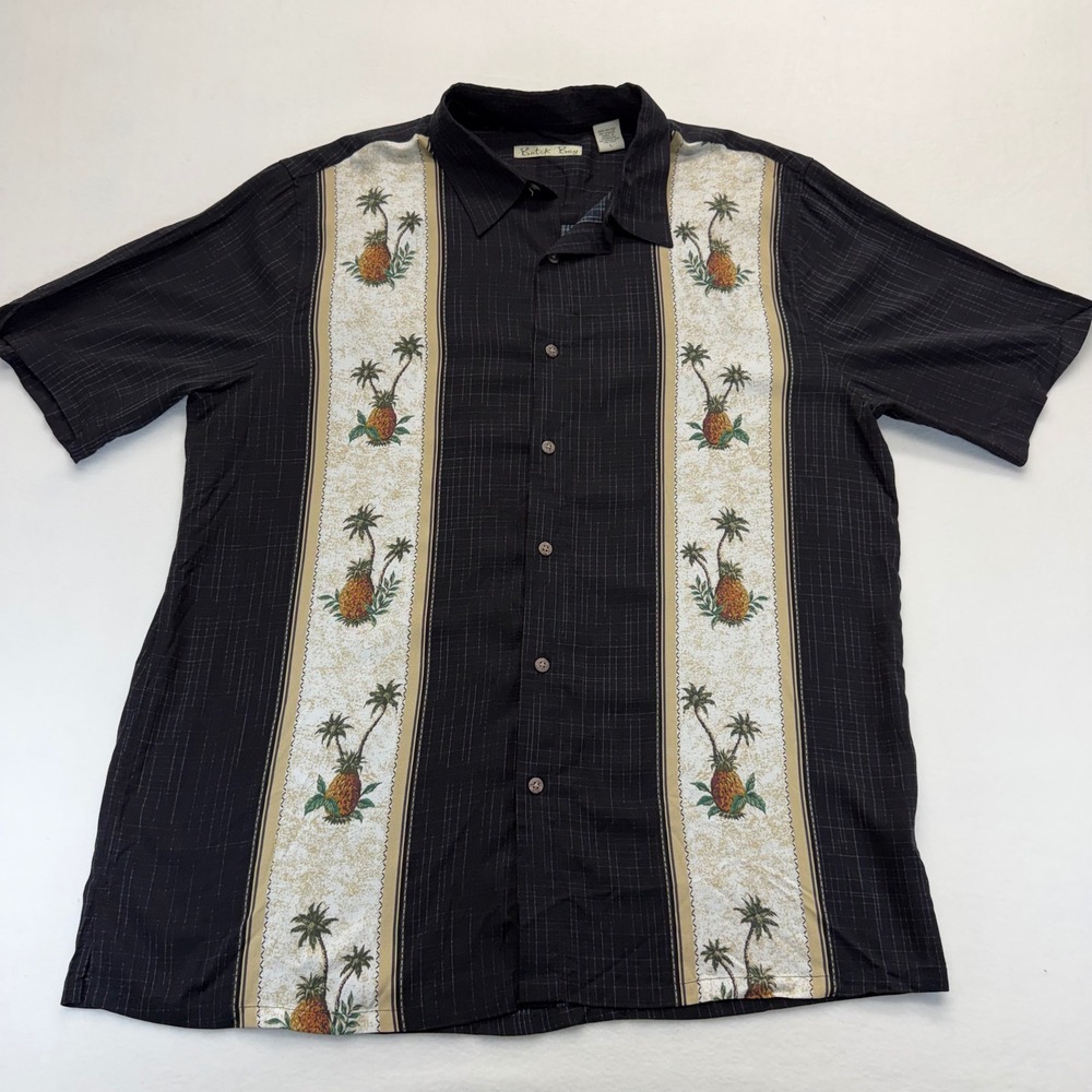Batik Bay Shirt Mens L Black Pineapple Palm Tree Short Sleeve Rayon Button Down